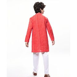 Pine Kids Cotton Woven Full Sleeves Kurta Pyjama Set with Bandhani Print - Red