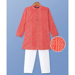 Pine Kids Cotton Woven Full Sleeves Kurta Pyjama Set with Bandhani Print - Red