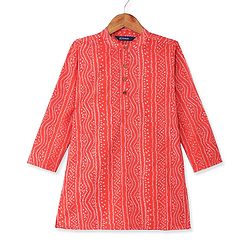 Pine Kids Cotton Woven Full Sleeves Kurta Pyjama Set with Bandhani Print - Red