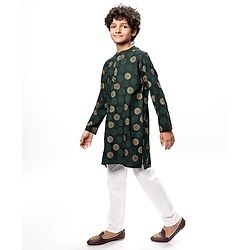 Pine Kids Cotton Woven Full Sleeves Kurta Pyjama Set Foil Print - Dark Green
