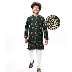 Pine Kids Cotton Woven Full Sleeves Kurta Pyjama Set Foil Print - Dark Green