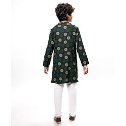 Pine Kids Cotton Woven Full Sleeves Kurta Pyjama Set Foil Print - Dark Green
