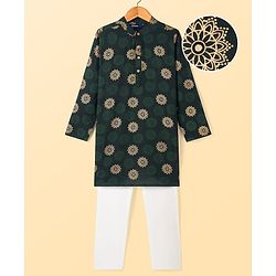 Pine Kids Cotton Woven Full Sleeves Kurta Pyjama Set Foil Print - Dark Green