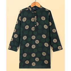 Pine Kids Cotton Woven Full Sleeves Kurta Pyjama Set Foil Print - Dark Green