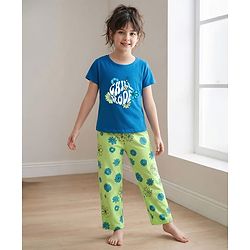 Pine Kids Single Jersey Knit Half Sleeves Floral & Text Printed Night Suit - Blue & Green