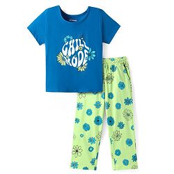 Pine Kids Single Jersey Knit Half Sleeves Floral & Text Printed Night Suit - Blue & Green