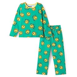 Pine Kids Single Jersey Knit Full Sleeves Smiley Printed Night Suit - Green