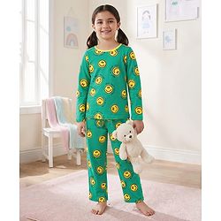 Pine Kids Single Jersey Knit Full Sleeves Smiley Printed Night Suit - Green
