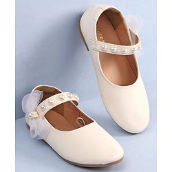Pine Kids Bow & Pearl Detailing Ballerinas with Velcro Closure - White