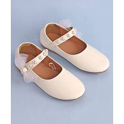 Pine Kids Bow & Pearl Detailing Ballerinas with Velcro Closure - White