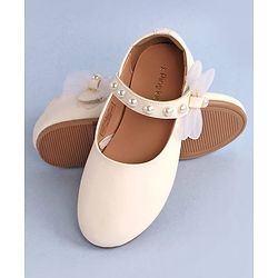 Pine Kids Bow & Pearl Detailing Ballerinas with Velcro Closure - White