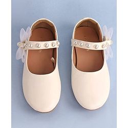 Pine Kids Bow & Pearl Detailing Ballerinas with Velcro Closure - White