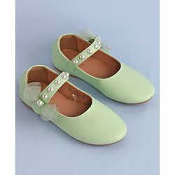 Pine Kids Bow & Pearl Detailing Ballerinas with Velcro Closure - Sea Green