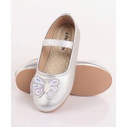 Pine Kids Bow & Stone Detailing Ballerinas with Velcro Closure - Silver