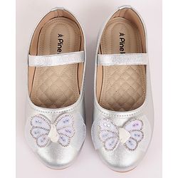 Pine Kids Bow & Stone Detailing Ballerinas with Velcro Closure - Silver