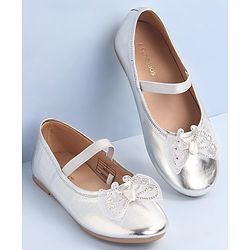 Pine Kids Bow & Stone Detailing Ballerinas with Velcro Closure - Silver