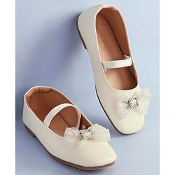 Pine Kids Bow Applique Ballerinas with Backstrap- White