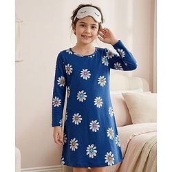 Pine Kids Single Jersey Knit Full Sleeves Floral Printed Nighty - Navy