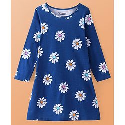 Pine Kids Single Jersey Knit Full Sleeves Floral Printed Nighty - Navy