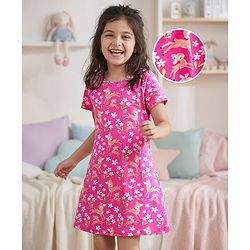 Pine Kids Single Jersey Knit Half Sleeves Nighty Floral & Deer Print - Fuschia Purple