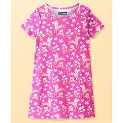 Pine Kids Single Jersey Knit Half Sleeves Nighty Floral & Deer Print - Fuschia Purple