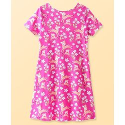 Pine Kids Single Jersey Knit Half Sleeves Nighty Floral & Deer Print - Fuschia Purple