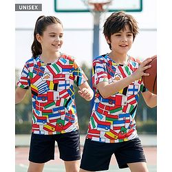 Pine Active Knit Half Sleeves Flags Printed T-Shirt - Multicolour