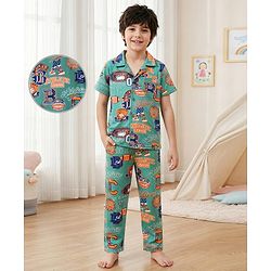 Pine Kids Single Jersey Knit Half Sleeves Night Suit with Text Print - Mint Green