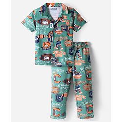 Pine Kids Single Jersey Knit Half Sleeves Night Suit with Text Print - Mint Green