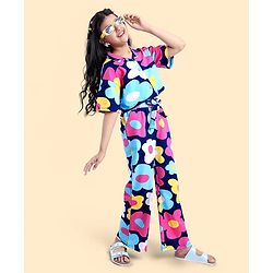Pine Kids Cotton Knit Half Drop Shoulder Sleeves Top & Pant Set with Floral Print - Navy Blue
