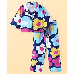 Pine Kids Cotton Knit Half Drop Shoulder Sleeves Top & Pant Set with Floral Print - Navy Blue