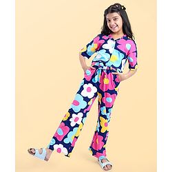 Pine Kids Cotton Knit Half Drop Shoulder Sleeves Top & Pant Set with Floral Print - Navy Blue