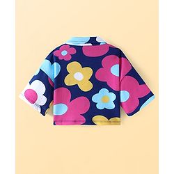 Pine Kids Cotton Knit Half Drop Shoulder Sleeves Top & Pant Set with Floral Print - Navy Blue