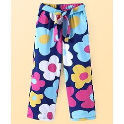 Pine Kids Cotton Knit Half Drop Shoulder Sleeves Top & Pant Set with Floral Print - Navy Blue