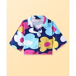 Pine Kids Cotton Knit Half Drop Shoulder Sleeves Top & Pant Set with Floral Print - Navy Blue