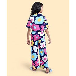 Pine Kids Cotton Knit Half Drop Shoulder Sleeves Top & Pant Set with Floral Print - Navy Blue
