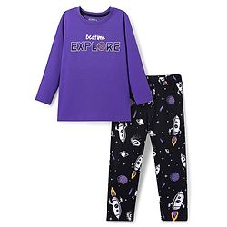 Pine Kids Single Jersey Knit Full Sleeves Night Suit with Space Theme Print - Purple & Black