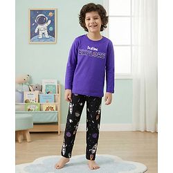 Pine Kids Single Jersey Knit Full Sleeves Night Suit with Space Theme Print - Purple & Black