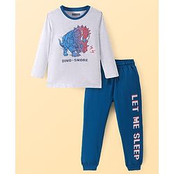 Pine Kids Single Jersey Knit Full Sleeves Night Suit with Dino Print - Navy Blue & Grey