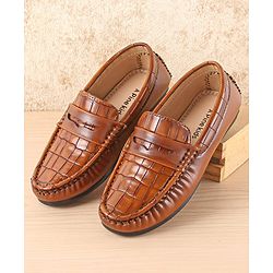 Pine Kids Slip On Party Wear Loafers with Crocodile Texture Design - Tan
