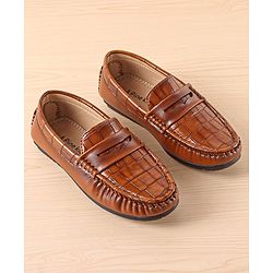 Pine Kids Slip On Party Wear Loafers with Crocodile Texture Design - Tan