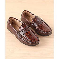 Pine Kids Slip On Party Wear Loafers with Crocodile Texture Design - Brown