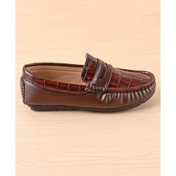 Pine Kids Slip On Party Wear Loafers with Crocodile Texture Design - Brown