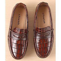 Pine Kids Slip On Party Wear Loafers with Crocodile Texture Design - Brown
