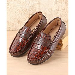 Pine Kids Slip On Party Wear Loafers with Crocodile Texture Design - Brown