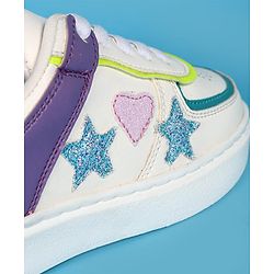 Pine Kids Laced Up  Closure Casual Shoes with Star & Heart Patch - White & Purple