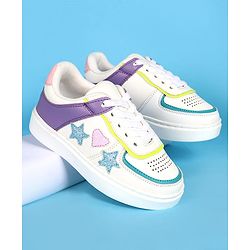 Pine Kids Laced Up  Closure Casual Shoes with Star & Heart Patch - White & Purple