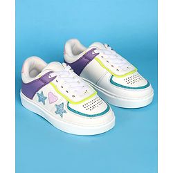 Pine Kids Laced Up  Closure Casual Shoes with Star & Heart Patch - White & Purple