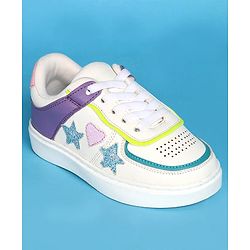 Pine Kids Laced Up  Closure Casual Shoes with Star & Heart Patch - White & Purple