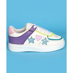 Pine Kids Laced Up  Closure Casual Shoes with Star & Heart Patch - White & Purple